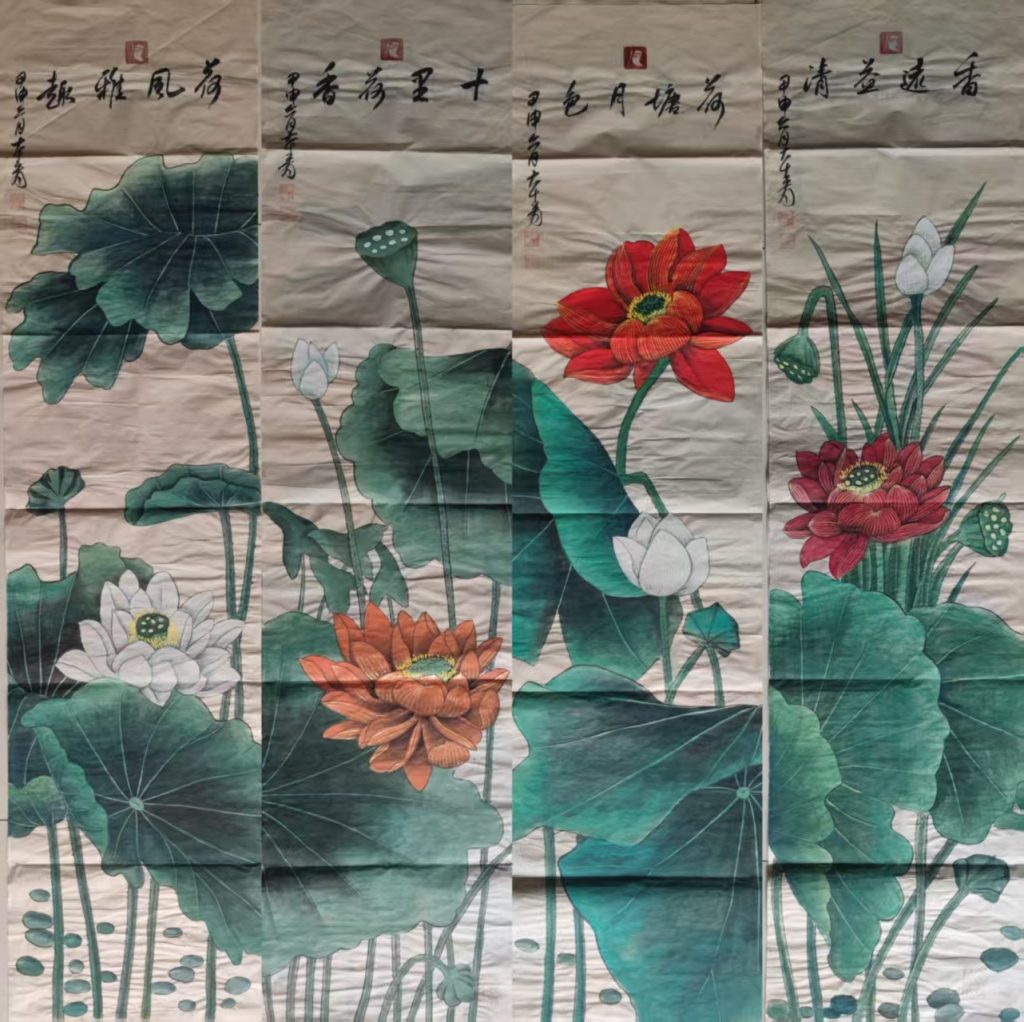 图片[1]-张大千《荷花图》四条屏-嘉诚艺术