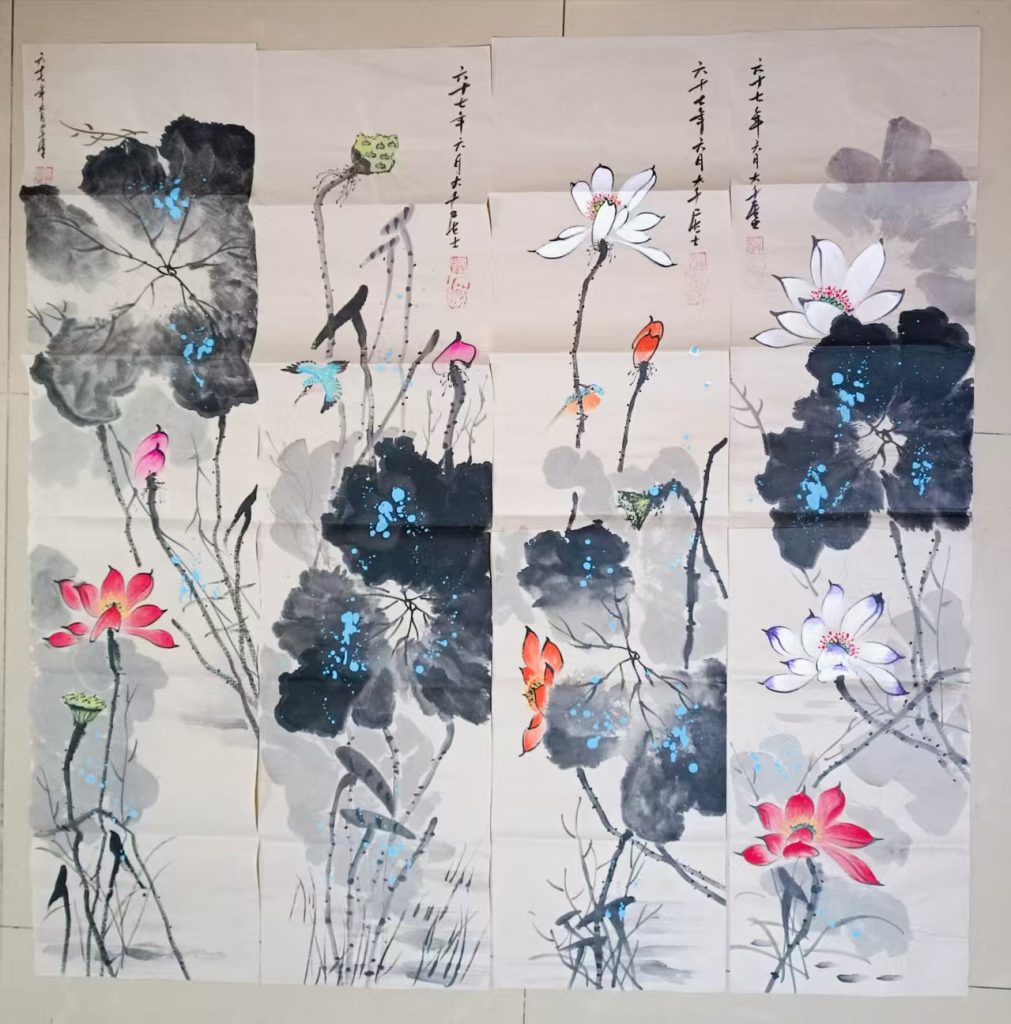 图片[1]-张大千《荷塘雅趣》四条屏-嘉诚艺术