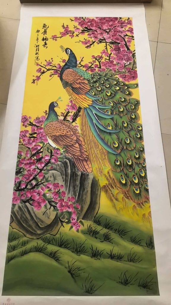 图片[1]-王月新《孔雀栖春》-嘉诚艺术