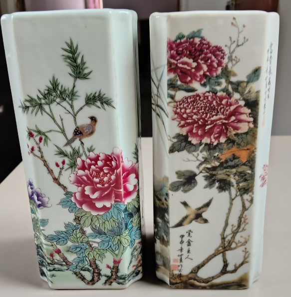 雍正年制《粉彩花鸟纹八角形笔筒》一对-嘉诚艺术