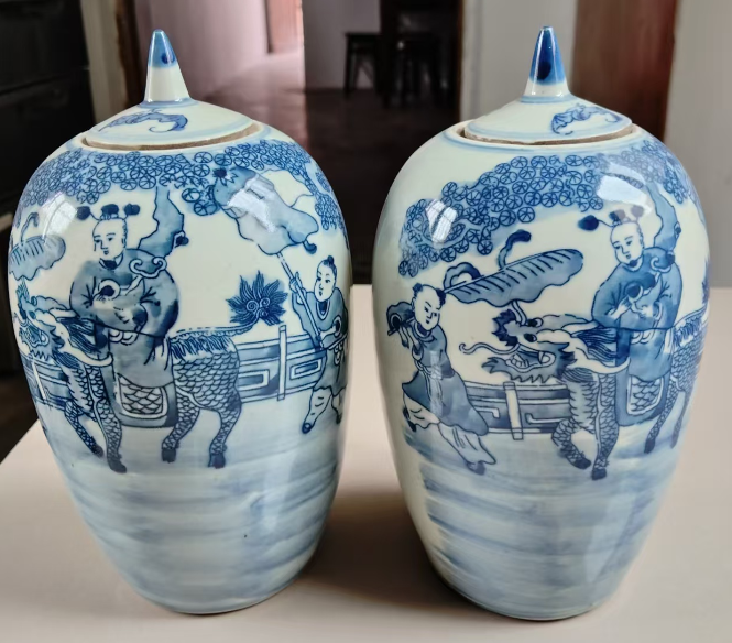 青花麒麟送子纹萝卜罐（带盖）一对-嘉诚艺术