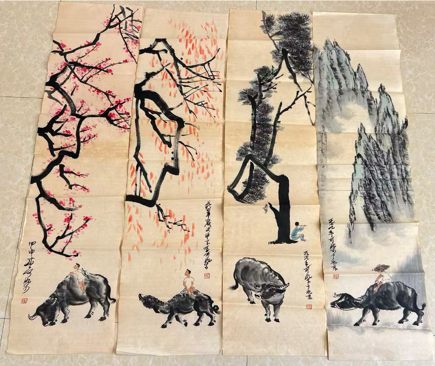 李可染《水墨牛》四条屏-嘉诚艺术