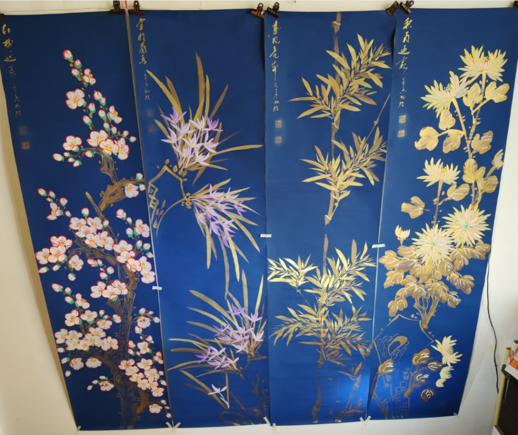 图片[1]-雷畅胜《梅兰竹菊》四条屏-嘉诚艺术