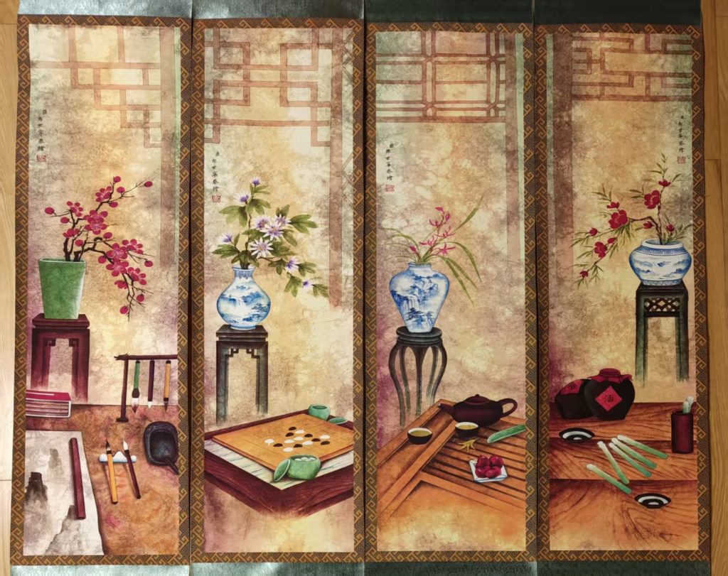 图片[1]-郎世宁《琴棋书画》四条屏-嘉诚艺术