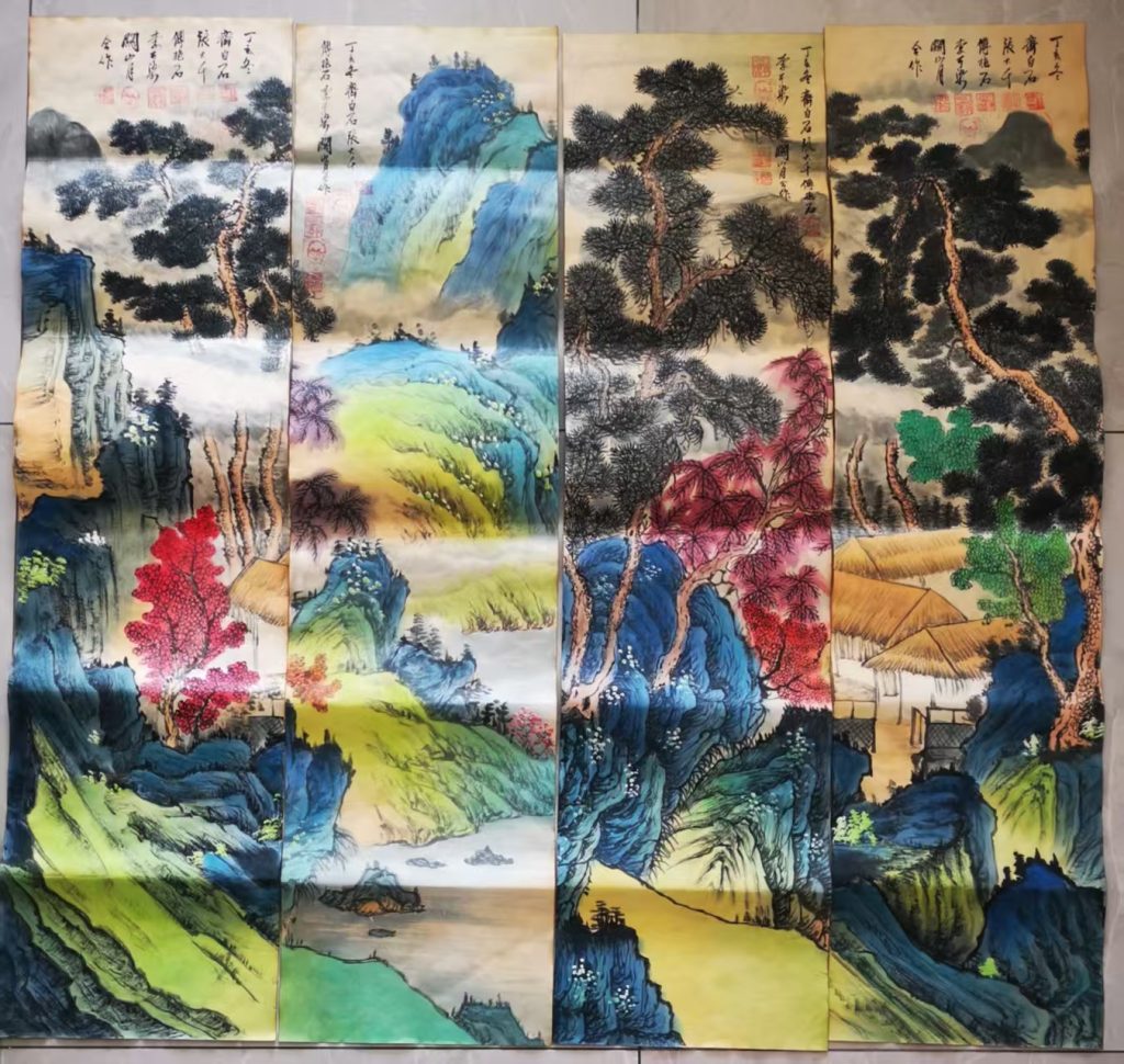 图片[1]-张大千、齐白石、傅抱石、李可染、关山月《山水图》八条屏-嘉诚艺术