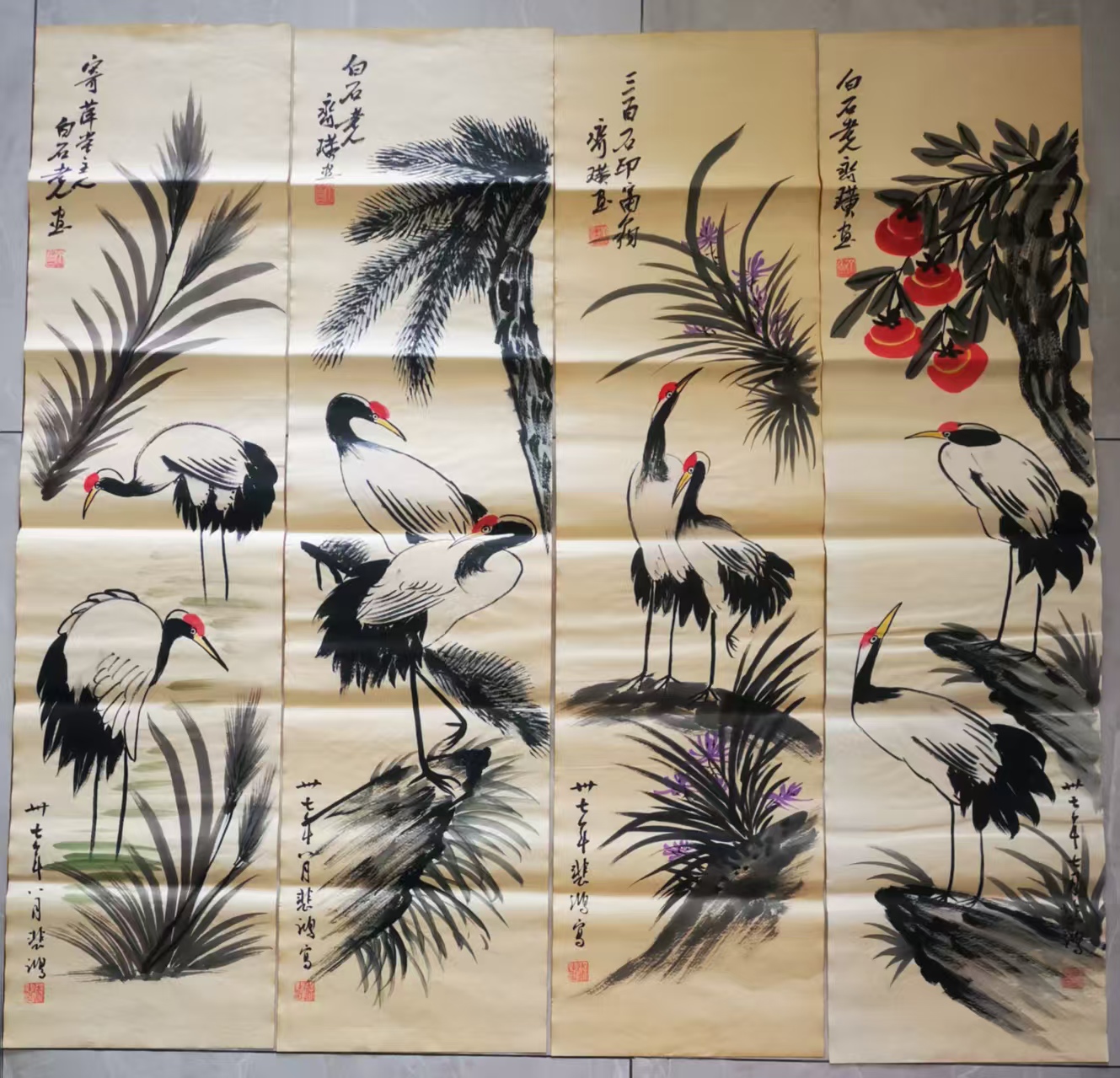 齐白石、徐悲鸿《仙鹤图》八条屏