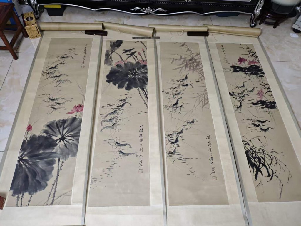 图片[1]-齐白石《荷花竹叶虾图》四条屏-嘉诚艺术