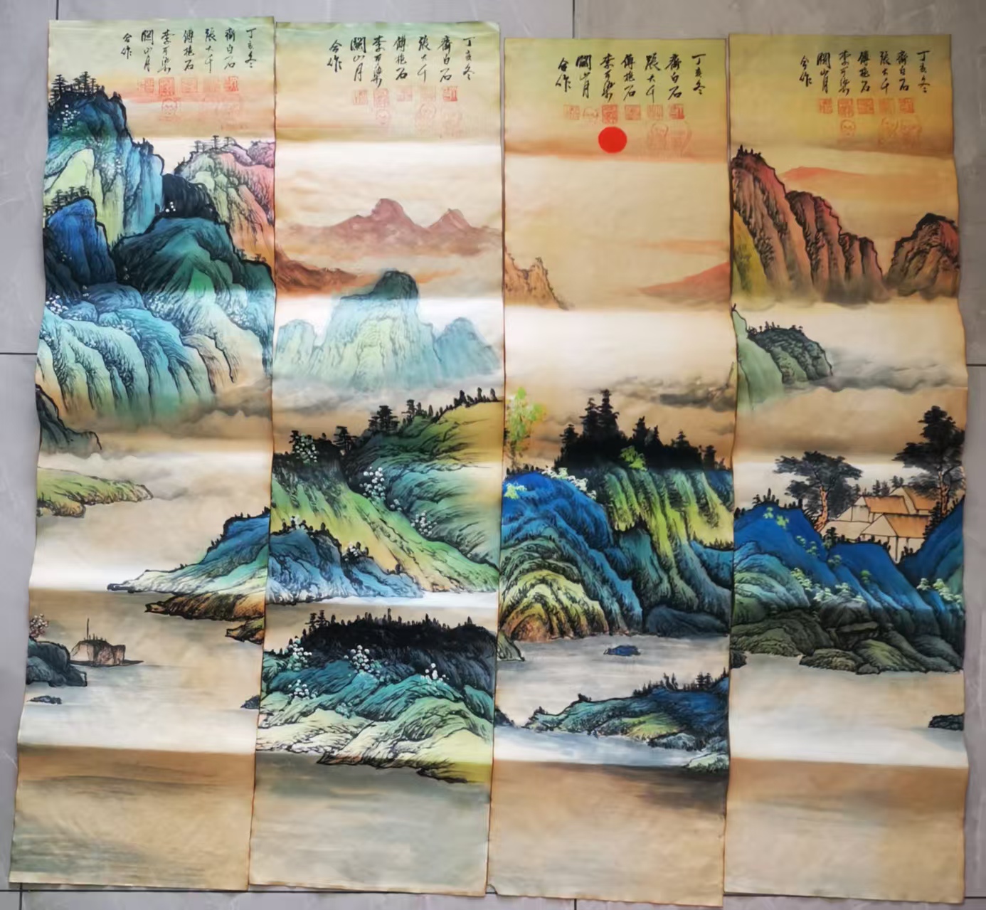 张大千、齐白石、傅抱石、李可染、关山月《山水图》八条屏