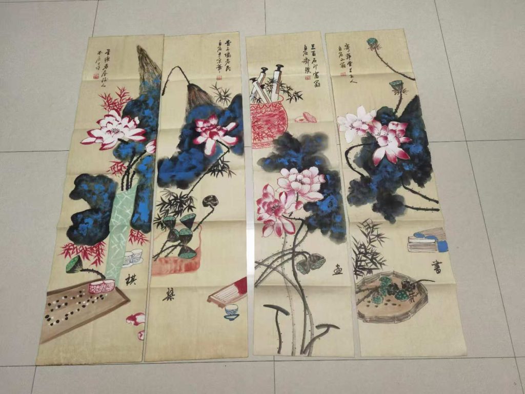 图片[1]-齐白石《荷塘清韵》四条屏-嘉诚艺术