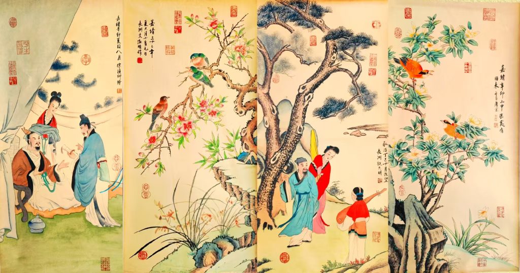 图片[1]-明四大才子《花鸟、人物图》四条屏（唐寅、祝允明、文徵明、徐祯卿）-嘉诚艺术