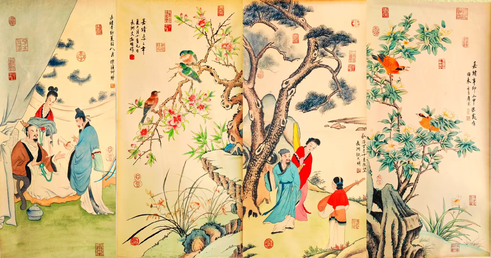 明四大才子《花鸟、人物图》四条屏（唐寅、祝允明、文徵明、徐祯卿）-嘉诚艺术