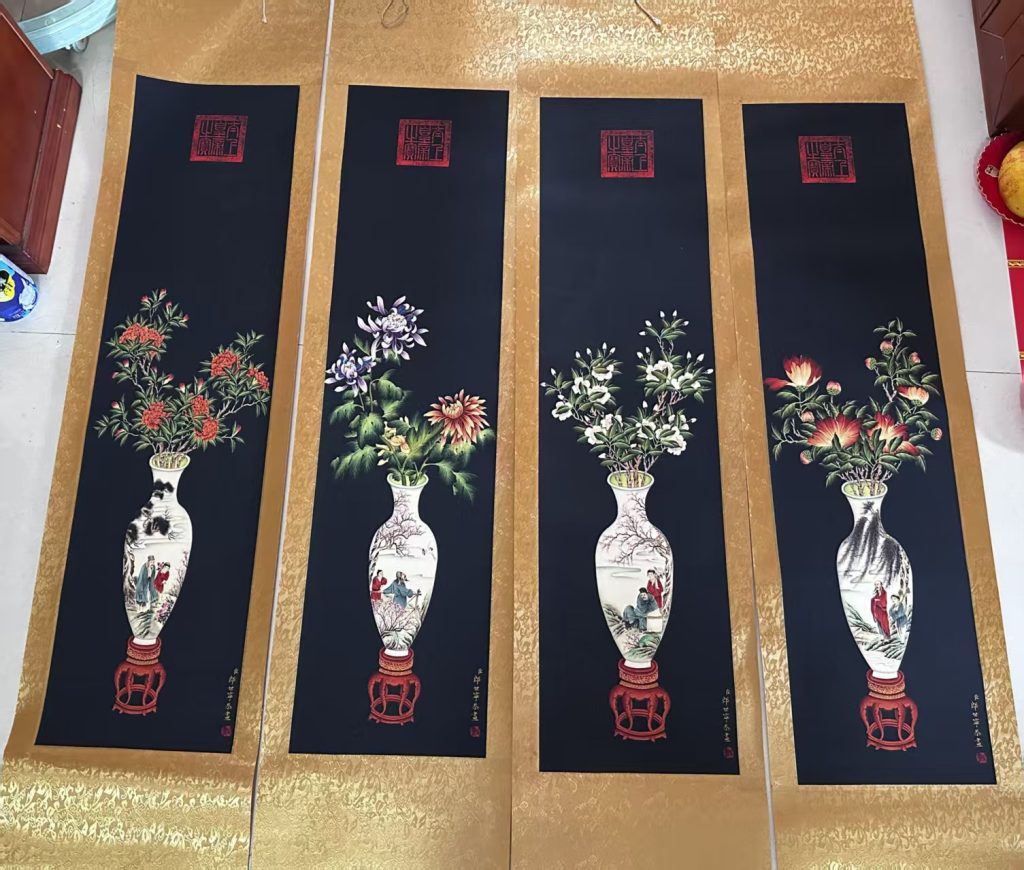 图片[1]-郎世宁《花开富贵》四条屏-嘉诚艺术