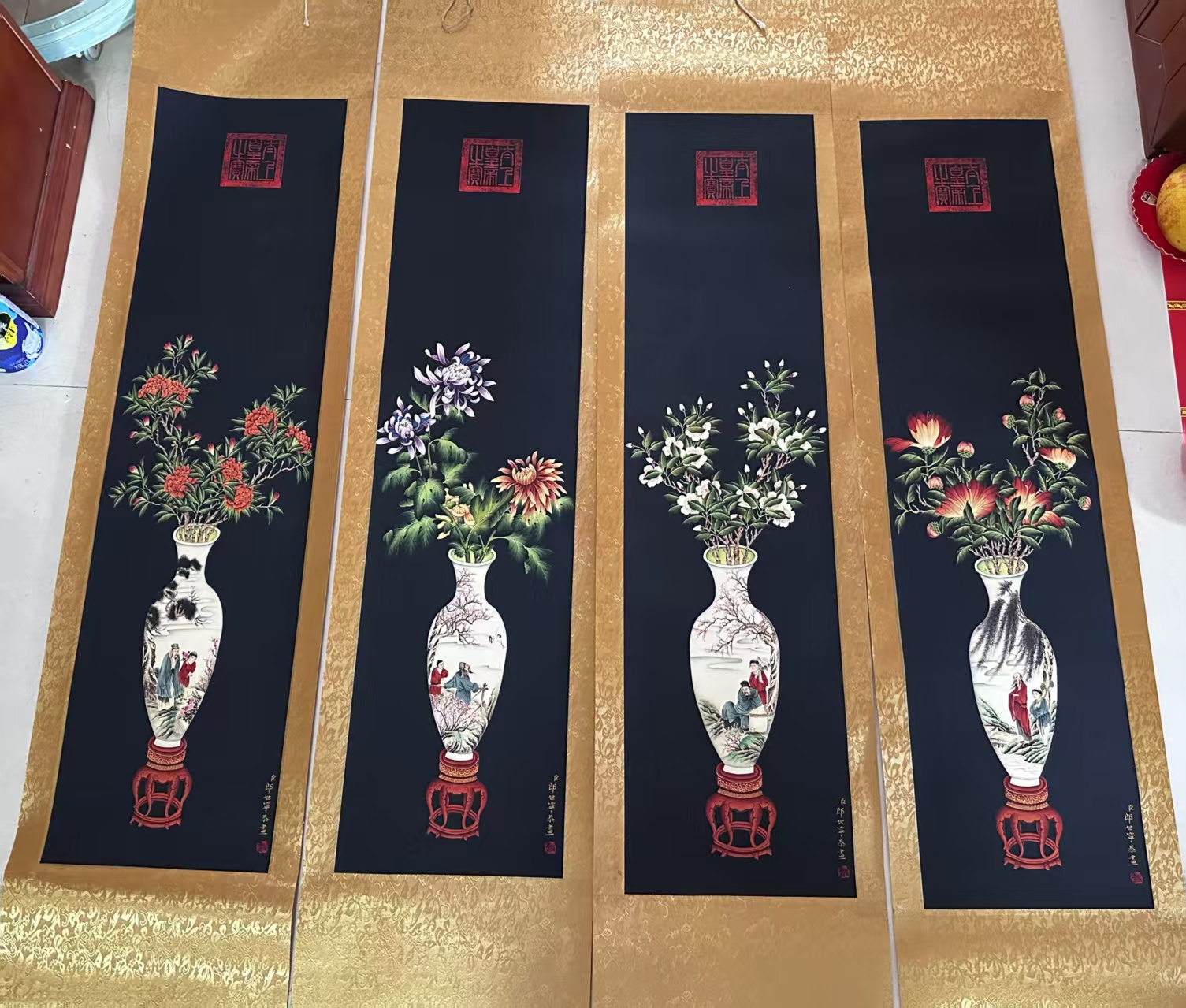 郎世宁《花开富贵》四条屏-嘉诚艺术