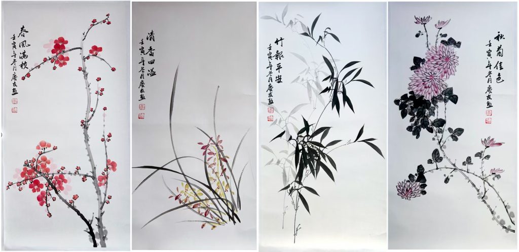 图片[1]-李庆友《梅兰竹菊》四条屏-嘉诚艺术
